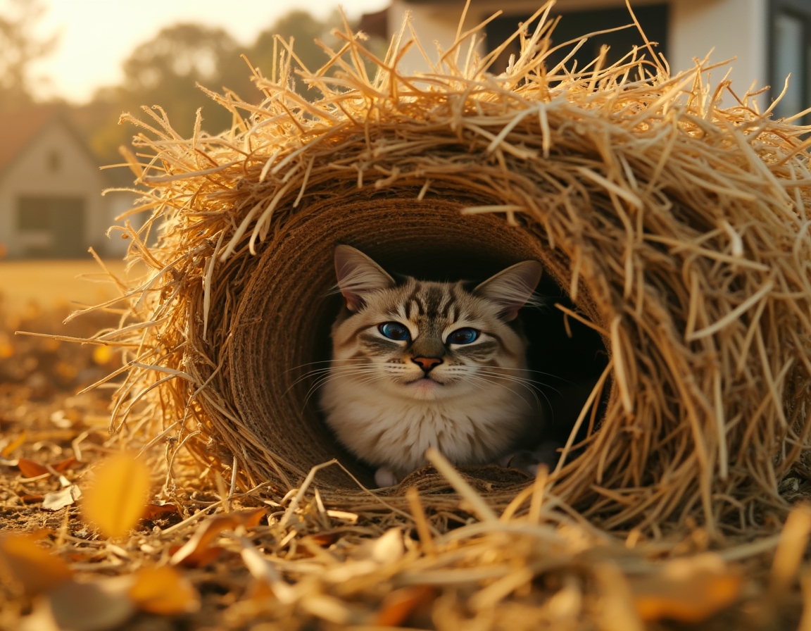 Cat finds a cozy nook within a haystack, soaking in the warmth and calm of the farm.